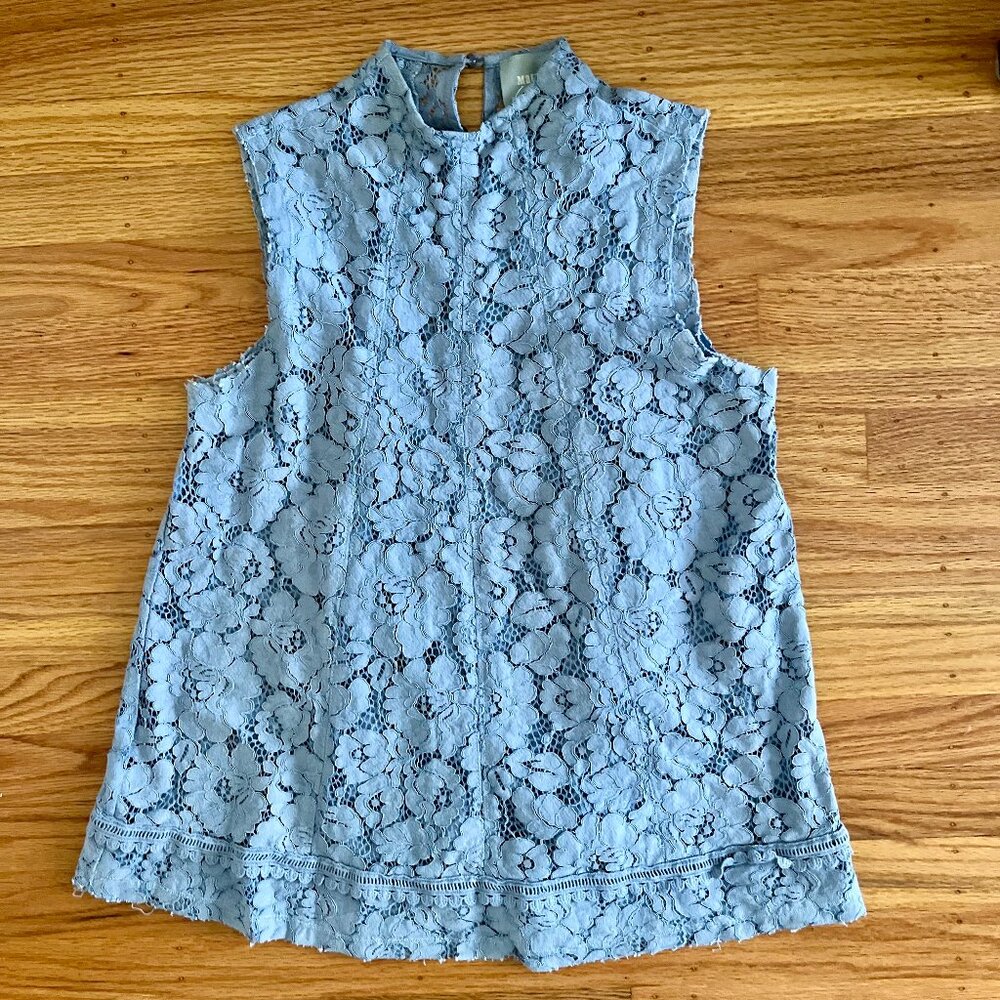 Anthropologie Maeve Powder Blue Floral Lace Sleeveless Mock Neck Top Size S